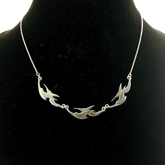Swallow Birds In Flight Modernist Sterling Silver Necklace 17 In Studio Jewelry - Picture 6 of 6